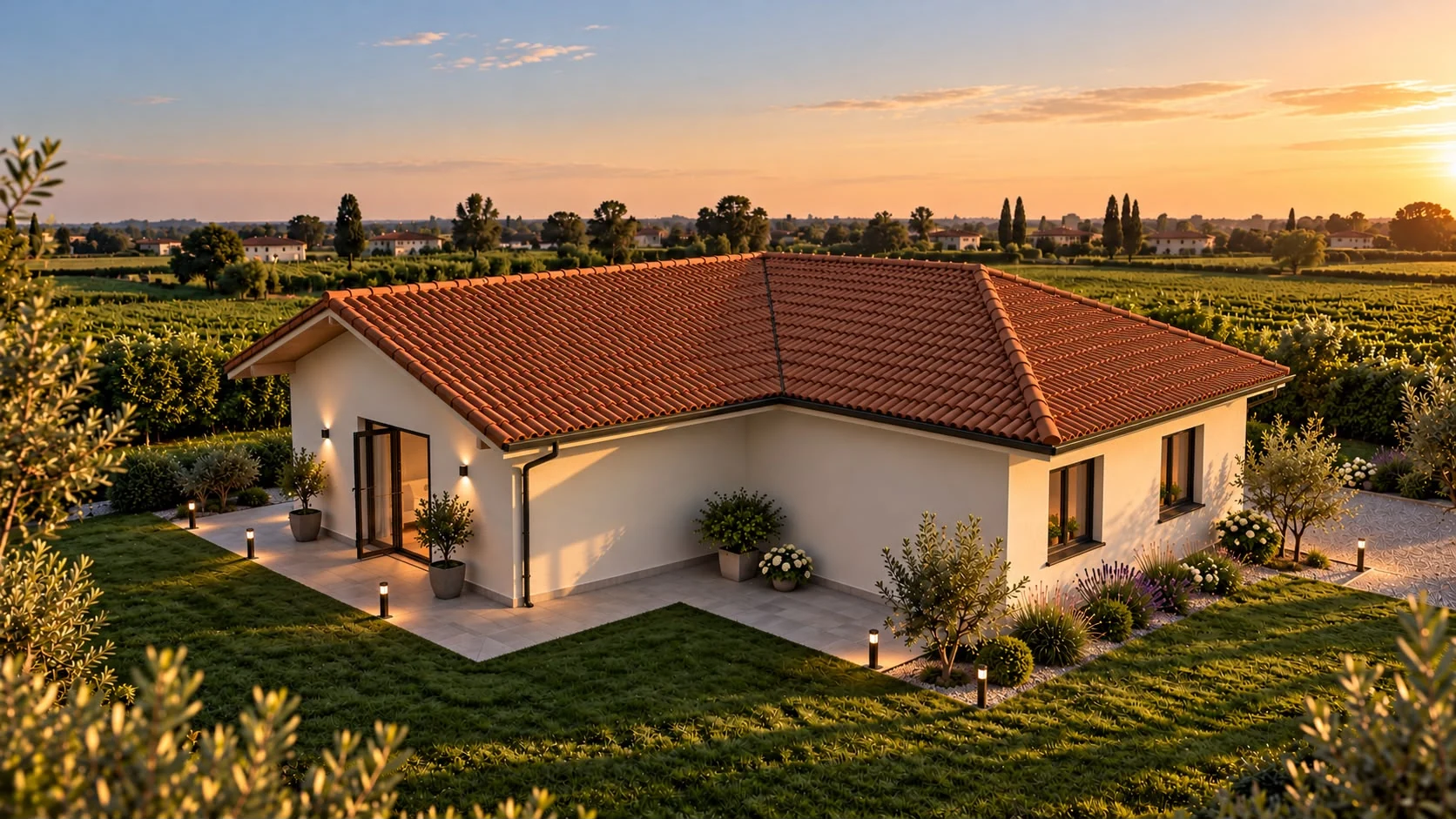Secondo rendering illustrativo della casa a un piano, ripresa dal giardino al tramonto